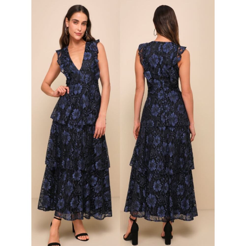Lulus Molinetto Floral Lace Ruffled Tiered Sleeveless Maxi Dress Navy Blue Large